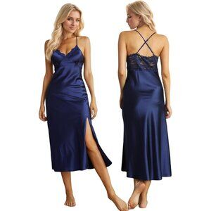 Women Silk Satin Nightgown Sexy Lace Chemise Lingerie Long Sleepdress for Ladies